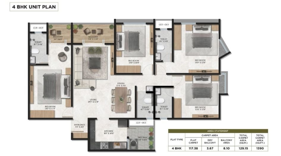 Triaa-Nesteraa-Floor-Plan-4 BHK-1390 Sqft